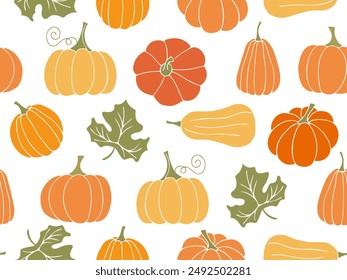 Various Pumpkins seamless Pattern. Autumn Vegetable harvest drawn in flat design. Cute colorful Pumpkin Background. Halloween Thanksgiving holiday pattern for cover, banner, packaging design