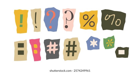 Various punctuation marks and symbols on colorful torn paper shapes, abstract design, white background. Creative concept for typography and design. Vector illustration