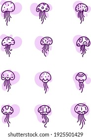 Various purple jellyfish, illustration, vector on white background.