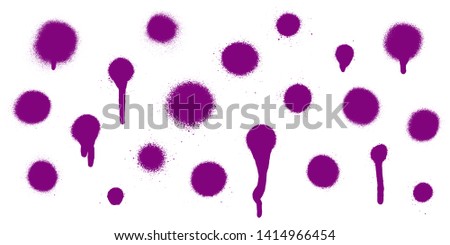 Various purple spray paint graffiti decorative splatters. Vector splat set on white background