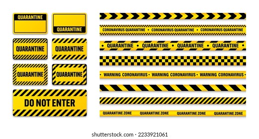 Various quarantine zone warning tapes and shields. Novel coronavirus outbreak. Global lockdown. Coronavirus danger stripe. Police caution line, restricted area. Construction tape. Vector illustration