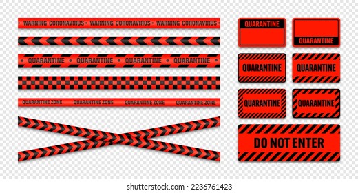 Various quarantine zone warning tapes and shields. Novel coronavirus outbreak. Global lockdown. Coronavirus danger stripe. Police caution line, restricted area. Construction tape. Vector illustration
