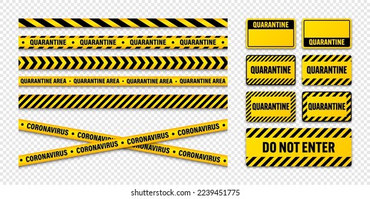 Diversas cintas de advertencia de zona de cuarentena y escudos. Brote de nuevo coronavirus. Bloqueo global. Tira de peligro del coronavirus. Línea de advertencia policial, área restringida. Cinta de construcción. Ilustración del vector