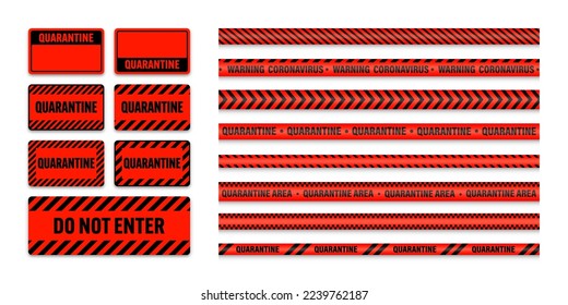 Various quarantine zone warning tapes and shields. Novel coronavirus outbreak. Global lockdown. Coronavirus danger stripe. Police caution line, restricted area. Construction tape. Vector illustration