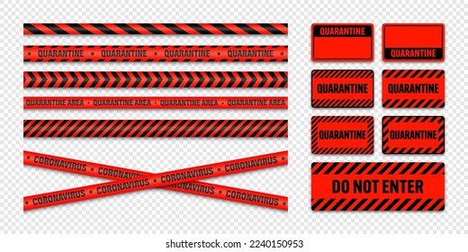 Diversas cintas de advertencia de zona de cuarentena y escudos. Brote de nuevo coronavirus. Bloqueo global. Tira de peligro del coronavirus. Línea de advertencia policial, área restringida. Cinta de construcción. Ilustración del vector