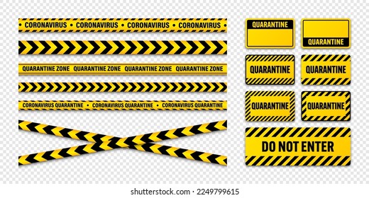 Various quarantine zone warning tapes and shields. Novel coronavirus outbreak. Global lockdown. Coronavirus danger stripe. Police caution line, restricted area. Construction tape. Vector illustration