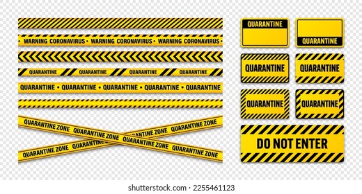 Various quarantine zone warning tapes and shields. Novel coronavirus outbreak. Global lockdown. Coronavirus danger stripe. Police caution line, restricted area. Construction tape. Vector illustration