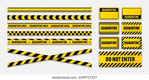 Various quarantine zone warning tapes and shields. Novel coronavirus outbreak. Global lockdown. Coronavirus danger stripe. Police caution line, restricted area. Construction tape. Vector illustration