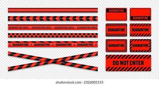 Diversas cintas de advertencia de zona de cuarentena y escudos. Brote de nuevo coronavirus. Bloqueo global. Tira de peligro del coronavirus. Línea de advertencia policial, área restringida. Cinta de construcción. Ilustración del vector