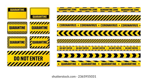 Various quarantine zone warning tapes and shields. Novel coronavirus outbreak. Global lockdown. Coronavirus danger stripe. Police caution line, restricted area. Construction tape. Vector illustration