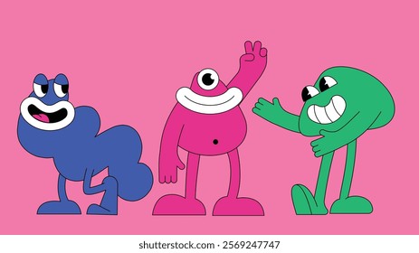 Various quirky monsters and doodle objects. Abstract creatures or fantastic characters. Childish style. Cute characters. Colorful trendy Vector set. Hand drawn illustration. All elements are isolated