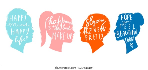 Various quotes on women's head silhouettes. Hand drawn colored vector set. All elements are isolated