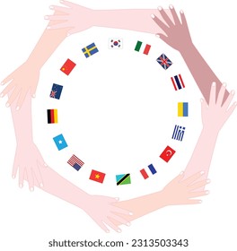 Various races hold hands, world flag illustration circle