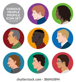 Various Races Men Profile Icon Set, Face As Seen From The Side, Avatar Icons, Vector Illustration