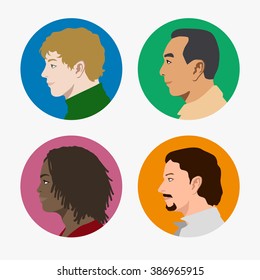 Various Races Men Profile Icon Set, Face As Seen From The Side, Avatar Icons, Vector Illustration