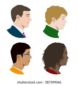 Various Races Men Profile Icon Set, Face As Seen From The Side, Avatar Icons, Vector Illustration