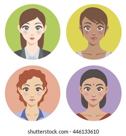 various races women avatar icon set, face as seen from the front, vector illustration