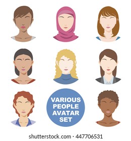 various races women avatar icon set, face as seen from the front, vector illustration