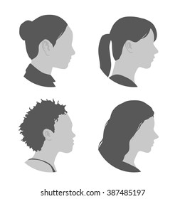 Various Races Women Profile Icon Set, Face As Seen From The Side, Avatar Icons, Vector Illustration