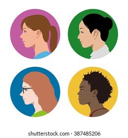 Various Races Women Profile Icon Set, Face As Seen From The Side, Avatar Icons, Vector Illustration