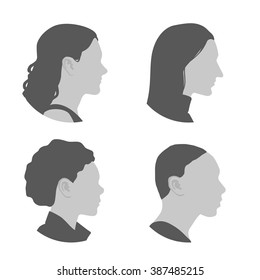 Various Races Women Profile Icon Set, Face As Seen From The Side, Avatar Icons, Vector Illustration