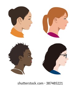 Various Races Women Profile Icon Set, Face As Seen From The Side, Avatar Icons, Vector Illustration