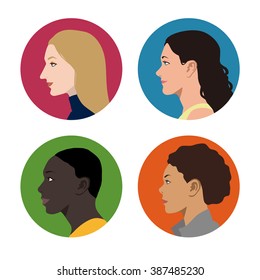 various races women profile icon set, face as seen from the side, avatar icons, vector illustration