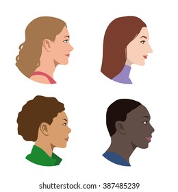 Various Races Women Profile Icon Set, Face As Seen From The Side, Avatar Icons, Vector Illustration