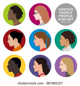 Various Races Women Profile Icon Set, Face As Seen From The Side, Avatar Icons, Vector Illustration