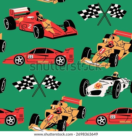Various racing cars. Formula one bolide, retro race car, supercar, finish flag. Motorsport racing, high speed sport vehicle concept. Hand drawn Vector illustration. Square seamless Pattern, wallpaper 