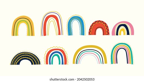 Various rainbows. Kids drawing style. Different ornaments. Childish scandinavian style. Flat design. Hand drawn colored vector set. Modern trendy illustration. All elements are isolated