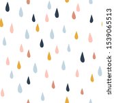 Various raindrops. Kids drawing style. Childish scandinavian backdrop. Flat design. Hand drawn colored vector seamless pattern. Modern trendy illustration for fabric, textile, wallpaper, scrapbook