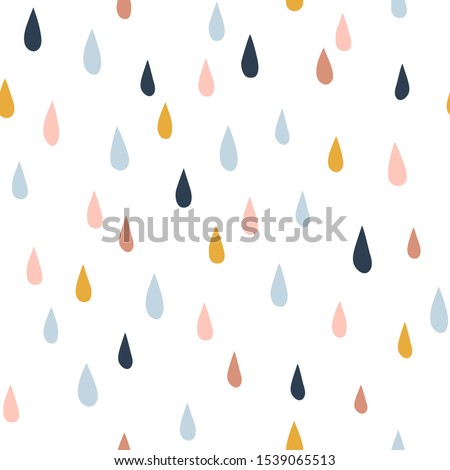 Various raindrops. Kids drawing style. Childish scandinavian backdrop. Flat design. Hand drawn colored vector seamless pattern. Modern trendy illustration for fabric, textile, wallpaper, scrapbook