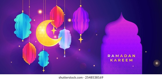 Various of ramadan kareem garland background vector illustration, crescent moon, star, mosque gate, arabic ornament, islamic pattern, greeting cards.