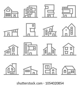 Various Real Estate Property Modern Style Buildings vector line icon set. Included the icons as home, house, hotel, resort, apartment, tower and more.