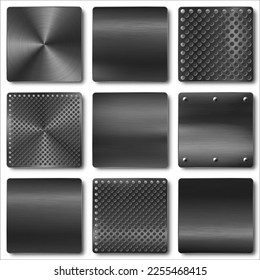 Various realistic black metal banners collection. Brushed steel or aluminium plate, panel with screws. Polished metal surface. Old grunge texture with scratches. Vector illustration