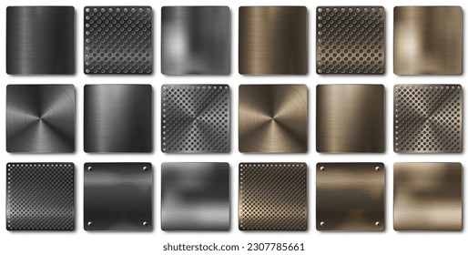 Various realistic black metal banners collection. Brushed steel or aluminium plate, panel with screws. Polished metal surface. Old grunge texture with scratches. Vector illustration