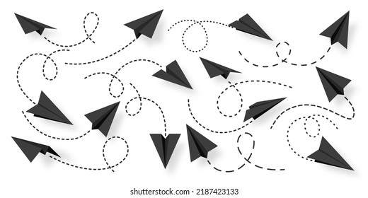 Various realistic black paper planes collection. Handmade origami aircraft with dotted doodle route line. Business concept element, project startup and goal achievement. Vector illustration