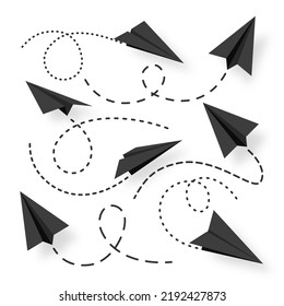 Various realistic black paper planes collection. Handmade origami aircraft with dotted doodle route line. Business concept element, project startup and goal achievement. Vector illustration