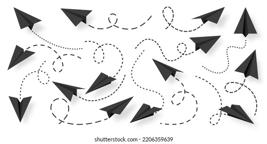 Various realistic black paper planes collection. Handmade origami aircraft with dotted doodle route line. Business concept element, project startup and goal achievement. Vector illustration