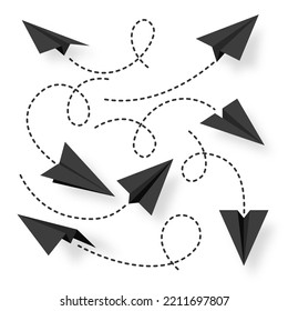 Various realistic black paper planes collection. Handmade origami aircraft with dotted doodle route line. Business concept element, project startup and goal achievement. Vector illustration