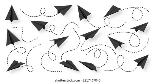 Various realistic black paper planes collection. Handmade origami aircraft with dotted doodle route line. Business concept element, project startup and goal achievement. Vector illustration