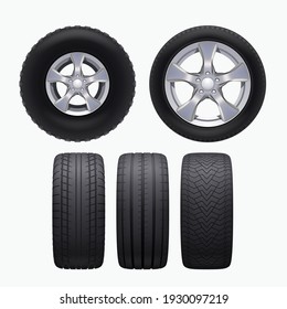various realistic car wheels isolated in set