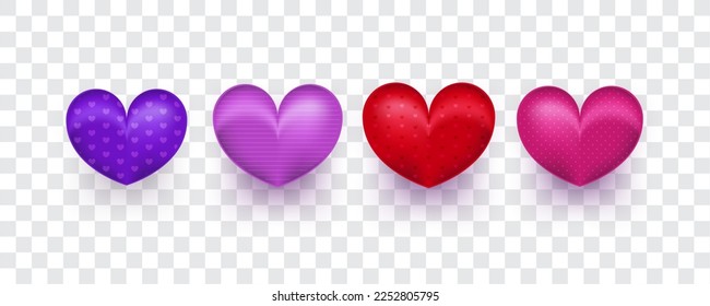 Various Realistic Heart Illustrations Isolated on Transparent Background. Valentine's Day Decoration Elements