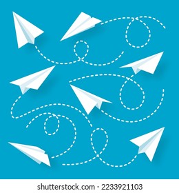 Various realistic white paper planes collection. Handmade origami aircraft with dotted doodle route line. Business concept element, project startup and goal achievement. Vector illustration