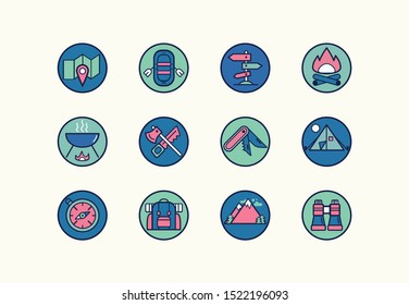 Various recreation and camping logos. Outdoor lifestyle. Minimalistic round icons. Colorful vector set. Cartoon style, flat design. Trendy illustration. Bright colors. Every icon is isolated