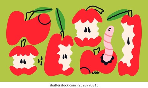 Various red apples. Eaten, bitten, wormy apples. Hand drawn Vector illustration. Isolated design elements. Tasty fruits, healthy food concept. Modern, childish, cartoon, unique flat style