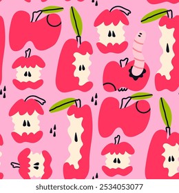 Varias manzanas rojas. Comía, mordía, manzanas gusanas. Ilustración vectorial dibujada a mano. Fruta sabrosa, concepto de comida saludable. Moderno, infantil, de dibujos animados, estilo plano único. Patrón cuadrado sin fisuras