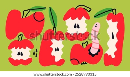 Various red apples. Eaten, bitten, wormy apples. Hand drawn Vector illustration. Isolated design elements. Tasty fruits, healthy food concept. Modern, childish, cartoon, unique flat style