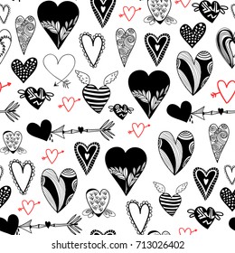 Various red and black doodle hearts. Graphic vector seamless pattern